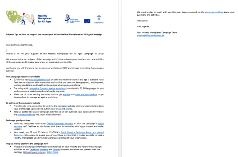 Tips on how to support the second year of the Healthy Workplaces for All Ages Campaign