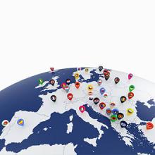 Europe map with countries flags location pins 